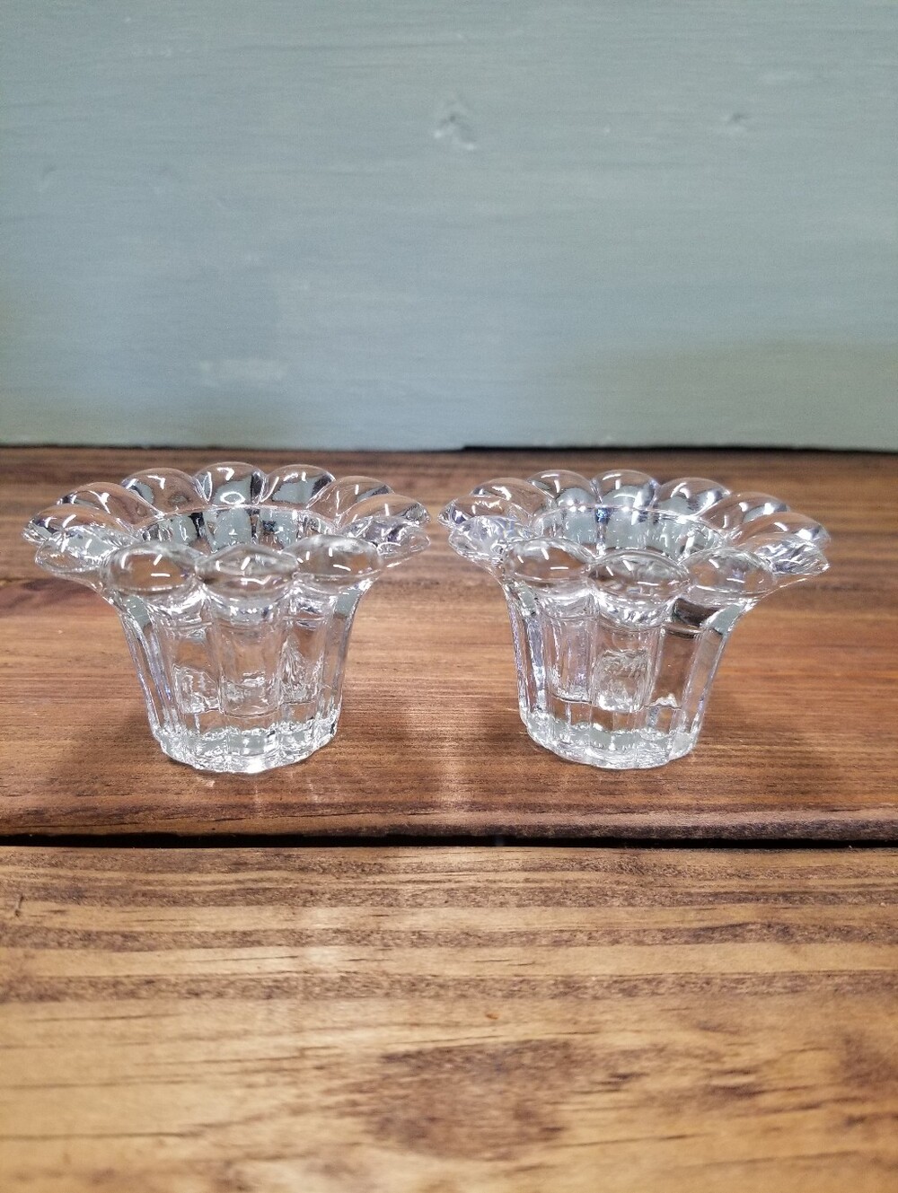 Clear Glass Scalloped Candlestick Holders Pair